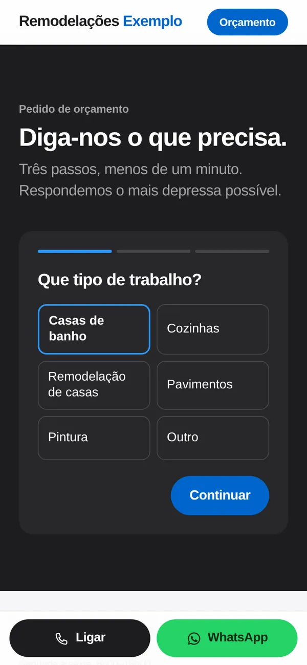 Formulário de pedido de orçamento num telemóvel: o cliente escolhe o tipo de trabalho.