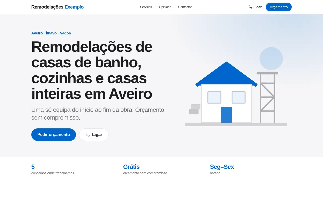 Exemplo de site de uma empresa de remodelações, visto no computador.