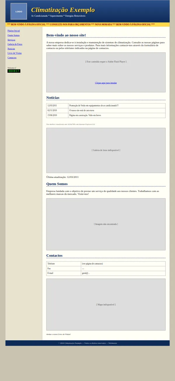 Site antigo de computador aberto no telemóvel: letra minúscula, caixas de Flash que não abrem, notícias de 2011.