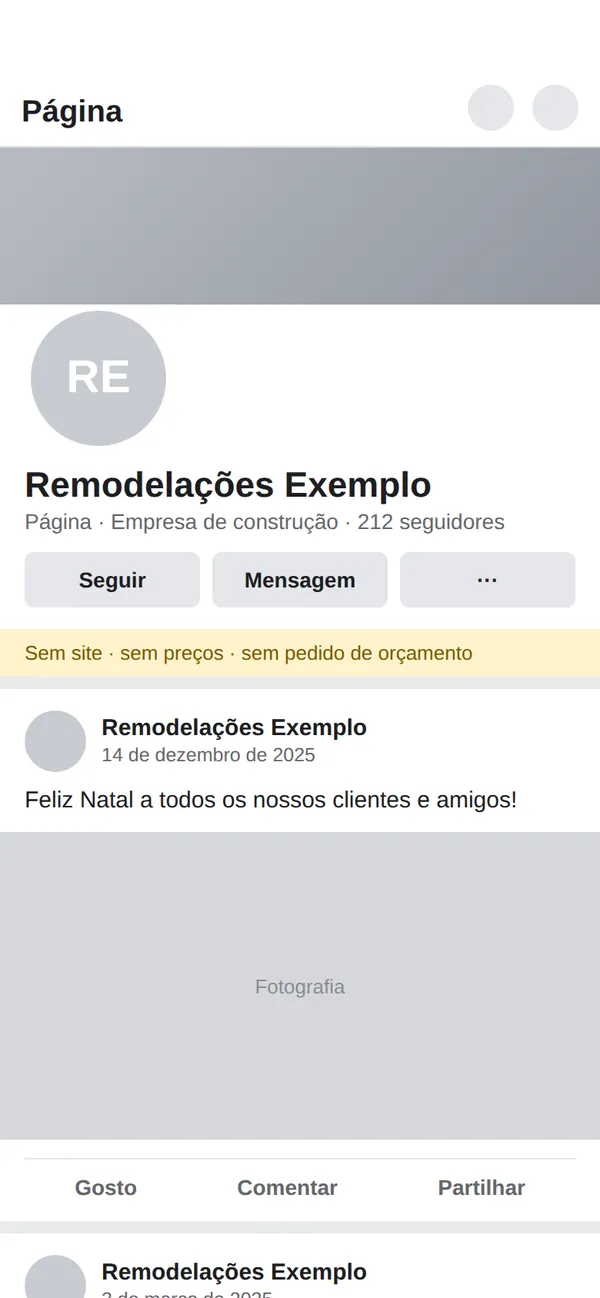 Página de rede social de uma empresa de remodelações, com a última publicação de há vários meses.